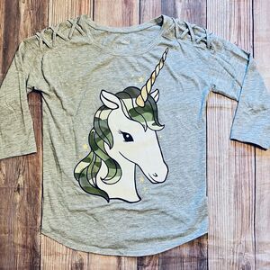 Justice Unicorn Graphic Top Girls 14 Gray Camo Hair Cutout Sleeve Tee